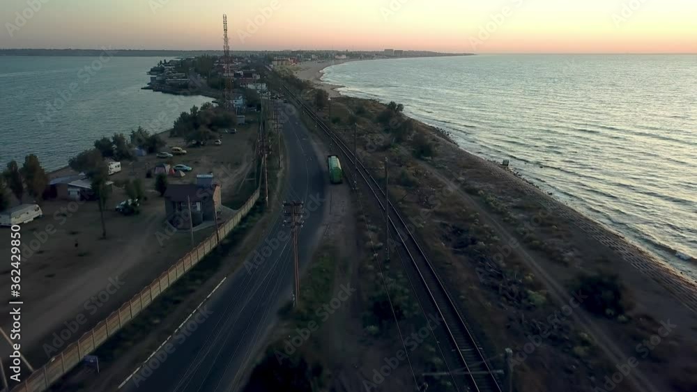 aerial view of railway between two seas, aerial view of railway at sunrise, Railroad by the sea at sunrise aerial view of railway between two seas, aerial view of railway at sunrise, Railroad by the sea at sunrise