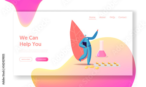Health Care, Pharmacy Landing Page Template. Tiny Pharmacist Female Character at Huge Pills Blister and Beaker with Liquid Medication in Drugstore. Chemist with Remedy. Cartoon Vector Illustration