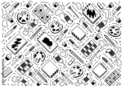 Hand drawn set of creative artist tools element, brush, pencil, paint, sketchbook, marker. Doodle sketch style. Artist element drawn by digital pen. Vector illustration for banner, icon, craft design