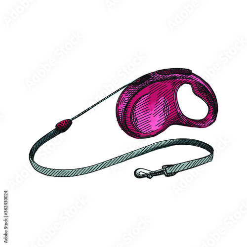 Colorful watercolor Hand-drawn sketch of retractable dog leash on a white background. Retractable dog leash. Pet supplies. Care for home animals.	