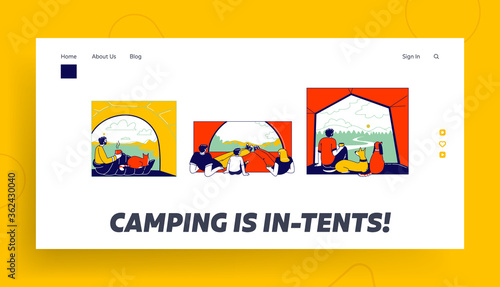 Tent View Landing Page Template. Tourists Characters Family with Child and Man with Pets Sit inside of Camping Tent Looking on Beautiful Picturesque Nature Landscape. Linear People Vector Illustration