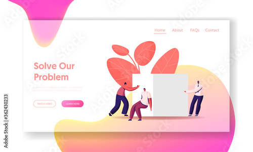 Career Challenge Landing Page Template. Business Team Push Huge Cube Solving Problem or Working Task. Characters Teamwork Cooperation, Motivation, Goal Achievement. Cartoon People Vector Illustration