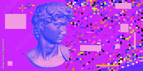 Classical bust sculpture. 3D rendering of Michelangelo's David head in pixel art retro 8-bit style. Retrowave and vaporwave aesthetics of 80's-90's.