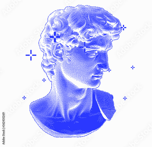 Classical bust sculpture. 3D rendering of Michelangelo's David head in pixel art retro 8-bit style. Retrowave and vaporwave aesthetics of 80's-90's.