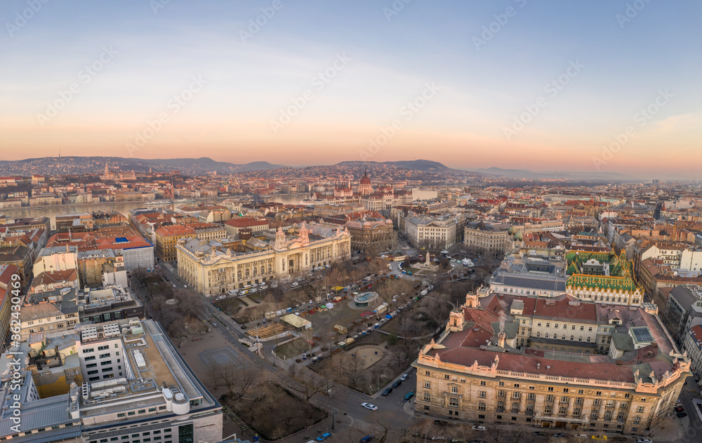 Aerial drone shot of Liberty Square Budapest downtown before sunrise