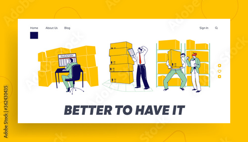 Inventory Count Management Landing Page Template. Storekeeper Characters Manage Warehouse Cargo Loading and Sorting Stock Storage of Parcels with Goods for Shipment. Linear People Vector Illustration