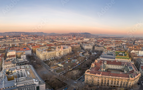 Aerial drone shot of Liberty Square Budapest downtown before sunrise