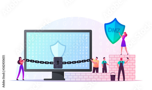 Demilitarized Zone Concept. Tiny Male and Female Characters Building Brick Wall at Huge Computer with Lock on Chain. Woman Carry Shield with DMZ Abbreviation. Cartoon People Vector Illustration