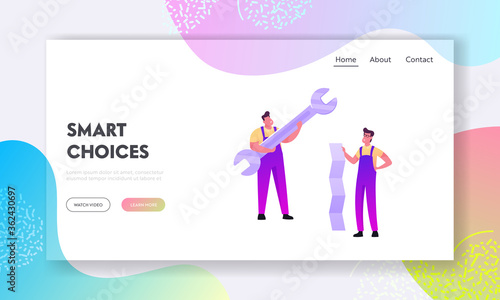 Repair Service Call Master Landing Page Template. Tiny Men Characters in Overalls Holding Huge Wrench and Paper Sheet. Handymen Fixing Broken Technics at Home. Cartoon People Vector Illustration