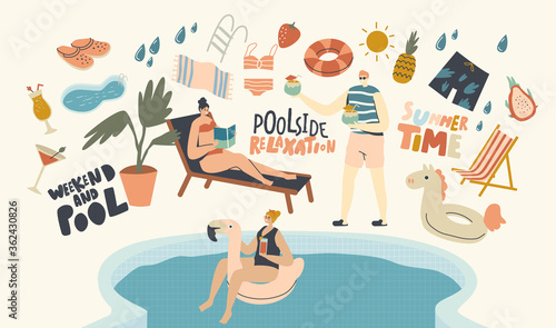 Pool Party Relax, Swim and Drink Summer Activity Concept.Young Characters in Swimming Pool Have Fun Drinking Cocktails, Reading Book and Floating Inflatable Ring. Linear People Vector Illustration