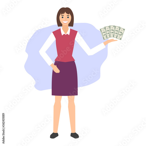 Smiling young woman holds money. Business concept. Flat design