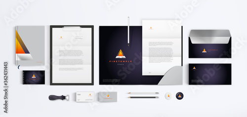 Vector corporate design with geometrical shape orange fire logo, folder, A4 form and envelope. Branding stationery template mockup.