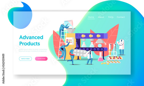 Pharmaceutical Industry Medical Drugs Producing Landing Page Template. Tiny Pharmacist Characters at Huge Production Line Conveyor Belt with Glass Beakers and Pills. Cartoon People Vector Illustration