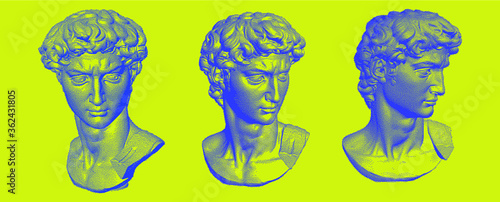 Set of Classical bust sculptures. 3D rendering of Michelangelo's David head in pixel art retro 8-bit style. Retrowave and vaporwave aesthetics of 80's-90's.