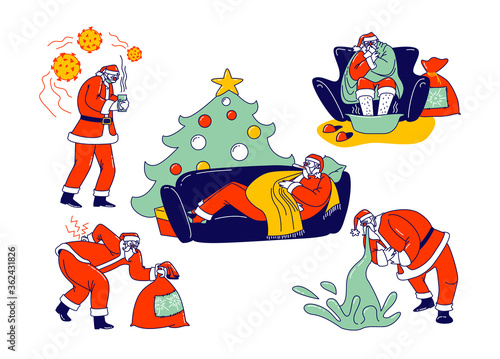 Set Sick Santa Claus Character Sitting in Armchair Wrapped in Blanket Soar Feet, Vomit, Radiculitis Illness, Sneezing. Unhappy Grandfather Having Flu Lying on Sofa. Linear People Vector Illustration