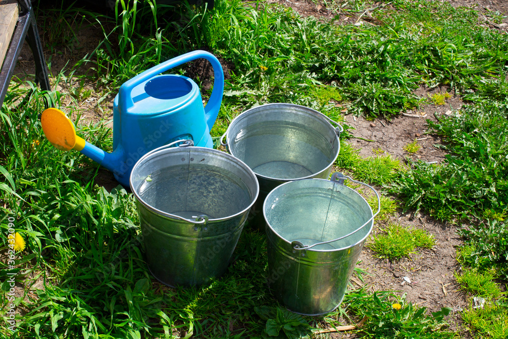 a garden blue watering can and three buckets of water stand on the ground a garden blue watering can and three buckets of water stand on the ground