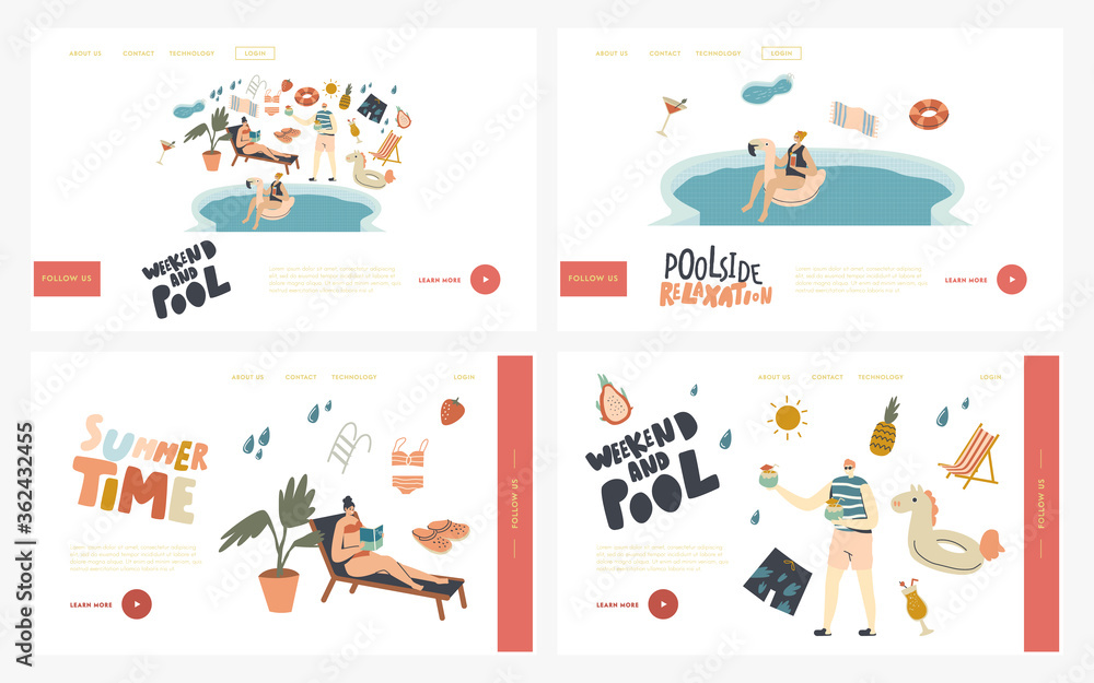 Pool Party Relax, Swim and Drink Summer Activity Landing Page Template Set. Characters in Swimming Pool Drinking Cocktails, Reading Book and Floating Inflatable Ring. Linear People Vector Illustration