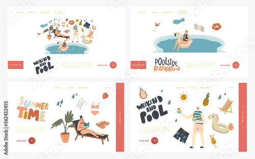 Pool Party Relax, Swim and Drink Summer Activity Landing Page Template Set. Characters in Swimming Pool Drinking Cocktails, Reading Book and Floating Inflatable Ring. Linear People Vector Illustration