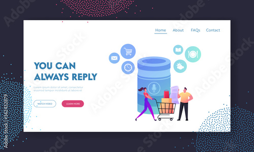 Smart Home Assistant Intelligence Technology Landing Page Template. Characters with Shopping List and Trolley at Smart Speaker with Voice Control Internet of Things. Cartoon People Vector Illustration