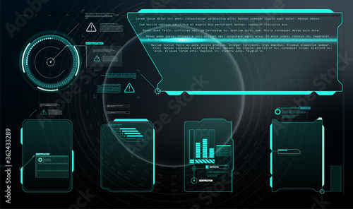 Set with call outs communication. Abstract control panel layout design. Virtual hi Scifi technology gadget interface for game app HUD, UI, GUI futuristic frame user interface screen elements set.
