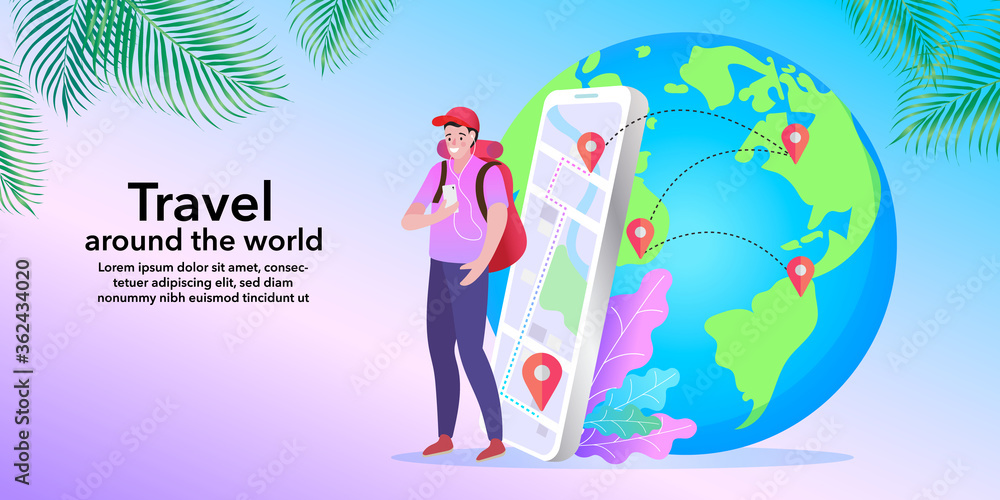 Online travelling Illustration for landing page. Travel and vacation concept. Man using mobile navigation app. Online travelling Illustration for landing page. Travel and vacation concept. Man using mobile navigation app.