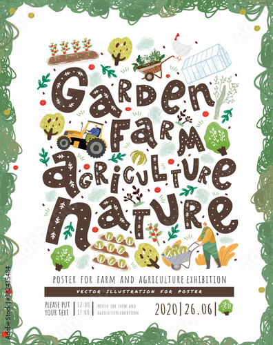 Basic RGGarden Farm Agriculture Nature! Vector cute illustrations of grows organic vegetables, farmer carries wheelbarrow, gardener, trees, tractor. Drawings with lettering for poster, banner of exhiB