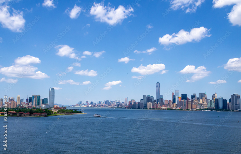 panoramic view of downtown Jersey City, New Jersey and Manhattan, New York USA