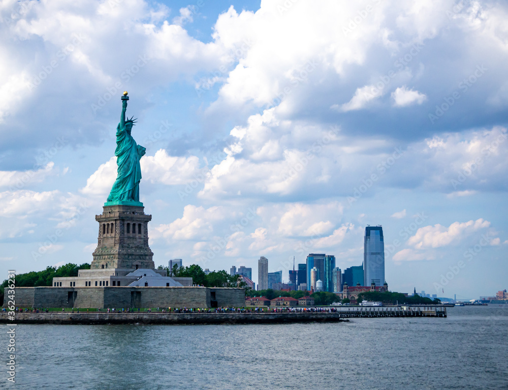 View of Statue of Liberty and Jersey City, New Jersey USA