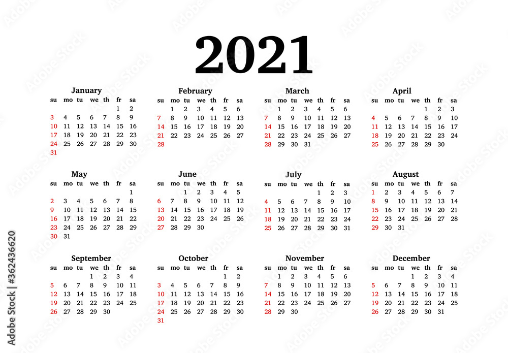 Calendar for 2021 isolated on a white background Calendar for 2021 isolated on a white background