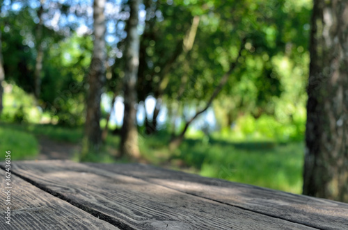 Wooden table on a background of green trees