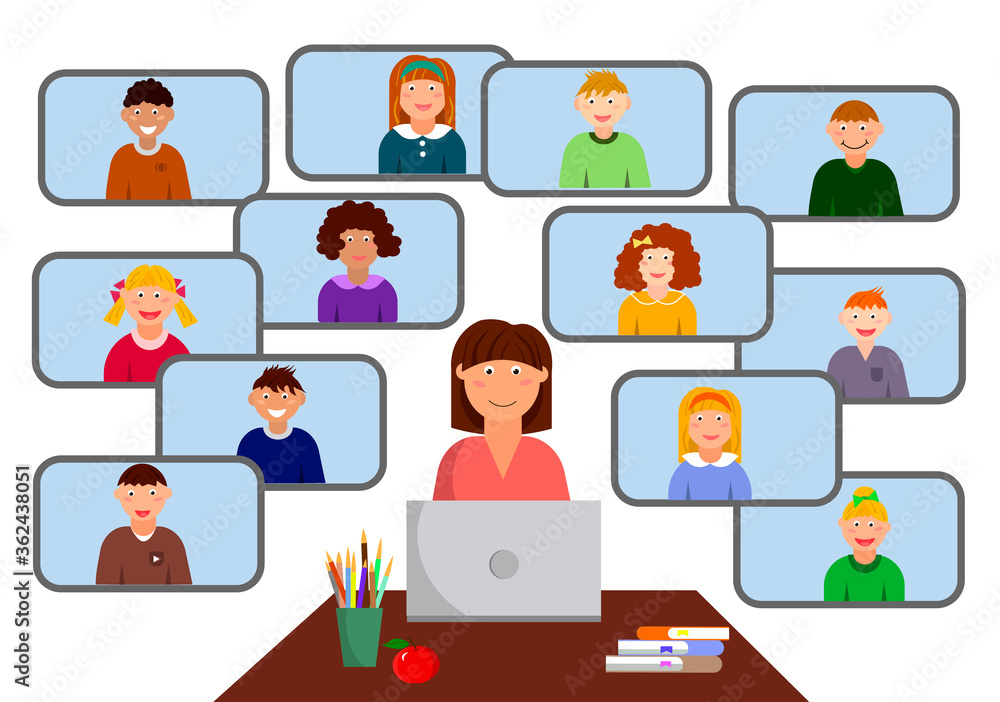 Internet class. Teacher and children - distance learning. Vector illustration. Online education flat illustration. Internet class. Teacher and children - distance learning. Vector illustration. Online education flat illustration.