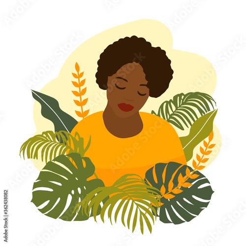 Beautiful portrait of an african american woman and floral elements. vector illustration isolated on white background