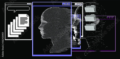 Retrofuturistic poster with human head silhouette and user interface elements. Cover for Artificial Intelligence and Neural Network subjects.