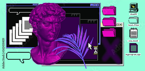 Classical bust sculpture with user interface elements. 3D rendering of Michelangelo's David head in pixel art retro 8-bit style. Retrowave and vaporwave aesthetics of 80's-90's.