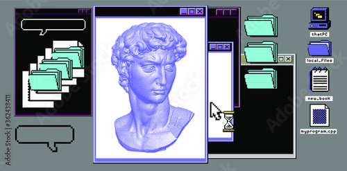 Classical bust sculpture with user interface elements. 3D rendering of Michelangelo's David head in pixel art retro 8-bit style. Retrowave and vaporwave aesthetics of 80's-90's.