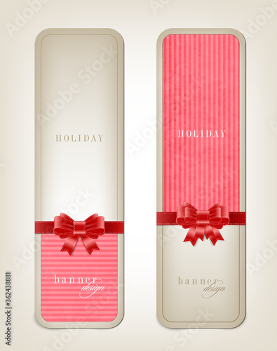 pink vector vintage cardboard banners with bow knots, festive labels, gift certificate, greeting card