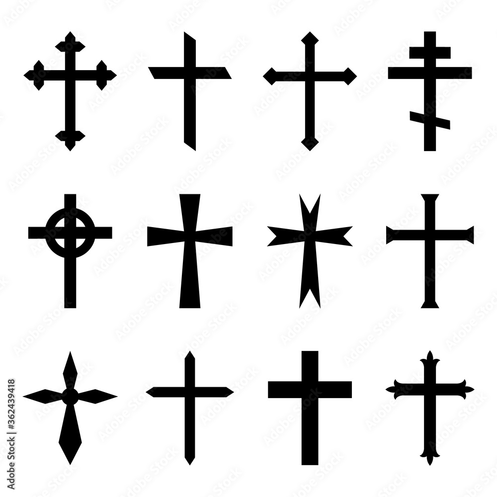 Christian cross. Crucifix icon. Black catholic symbol. Gothic religious silhouette for church of Jesus. Set of orthodox crosses on white background. Logo of faith, holy, resurrection. Vector
