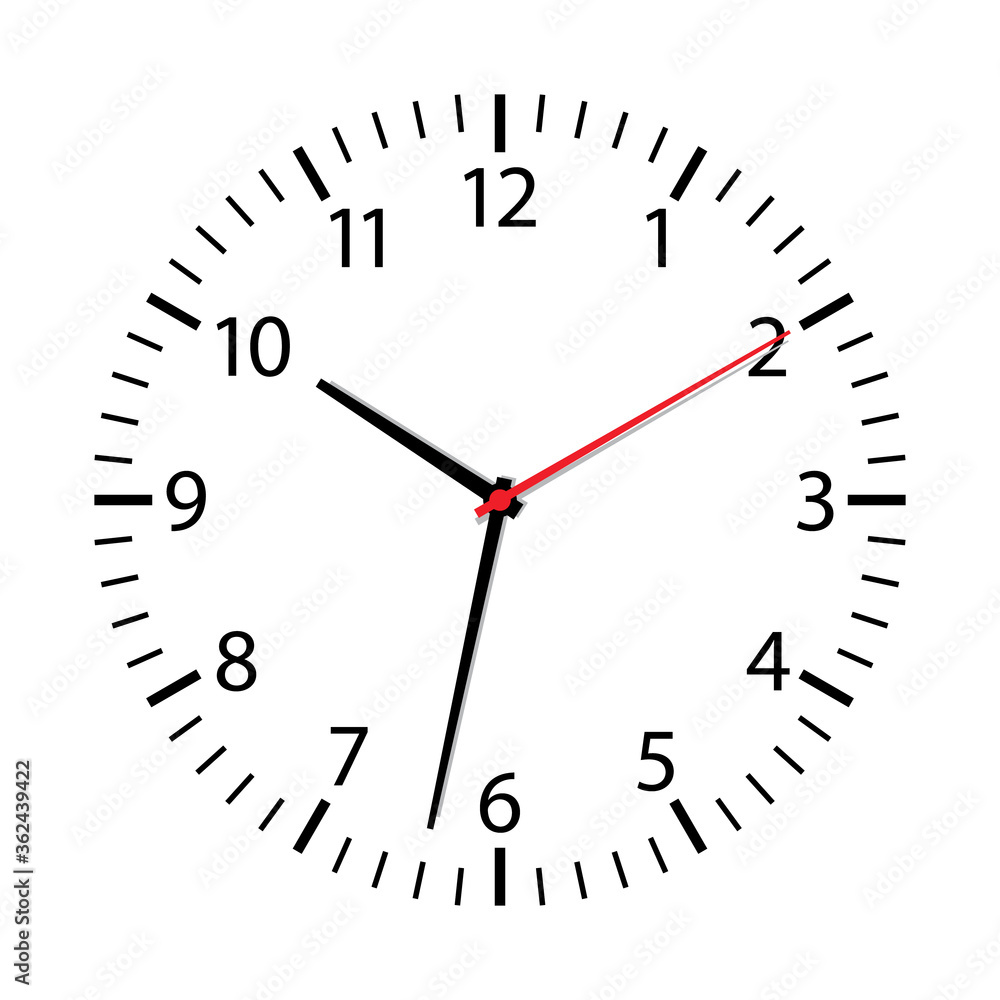 Clock face isolated on white background. Simple watch icon. Modern round dial with arrows on wall. Symbol of time. Timer in office. Black outline clock alarm with hour, minute, second. Vector Clock face isolated on white background. Simple watch icon. Modern round dial with arrows on wall. Symbol of time. Timer in office. Black outline clock alarm with hour, minute, second. Vector