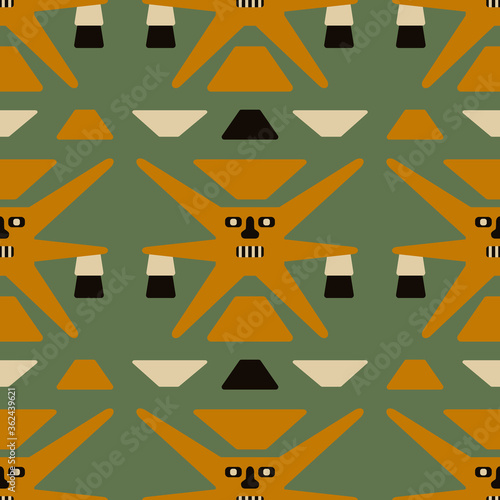 Seamless geometrical pattern with funny anthropomorphic suns or stars. Pre Columbian native american art of Nazca or Nasca Indians of ancient Peru. Andean textile.