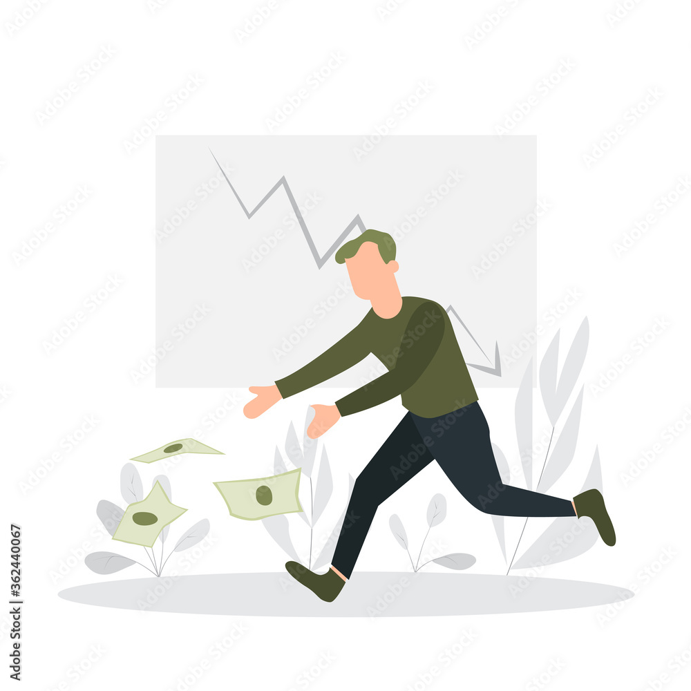 Man running after money banknotes in crisis period