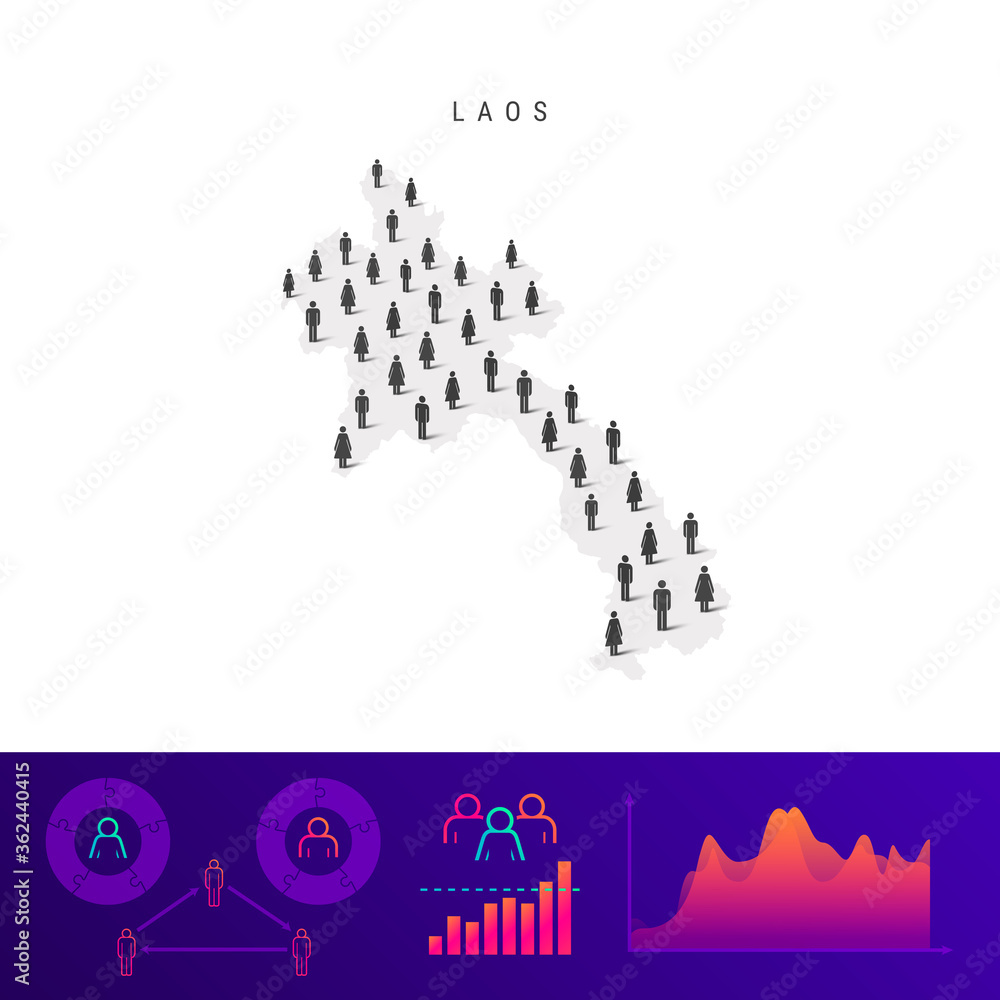 Obraz premium Laos people map. Detailed vector silhouette. Mixed crowd of men and women. Population infographic elements