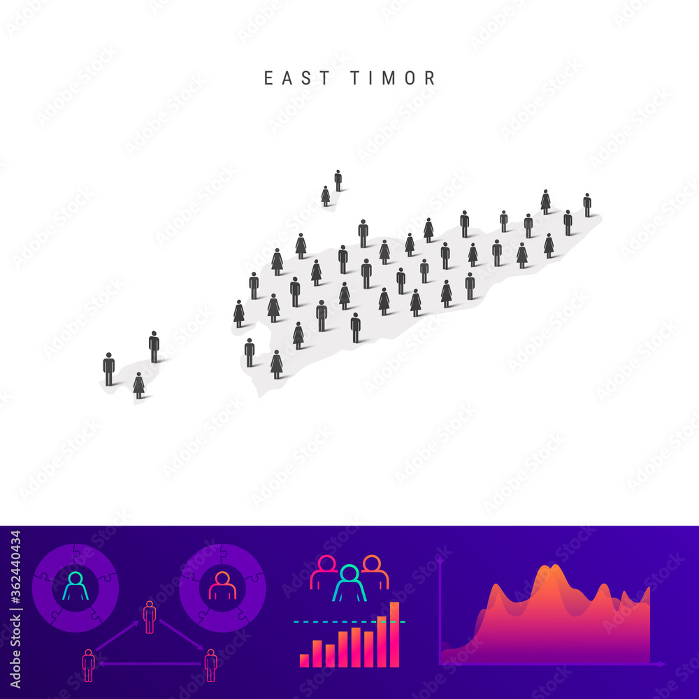 East Timor people map. Detailed vector silhouette. Mixed crowd of men and women. Population infographic elements