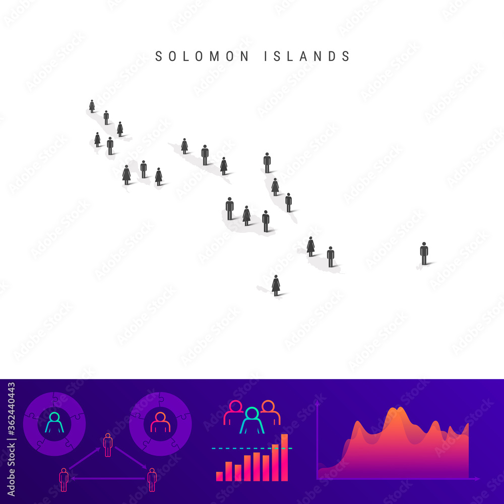 Solomon Islands people map. Detailed vector silhouette. Mixed crowd of men and women. Population infographic elements