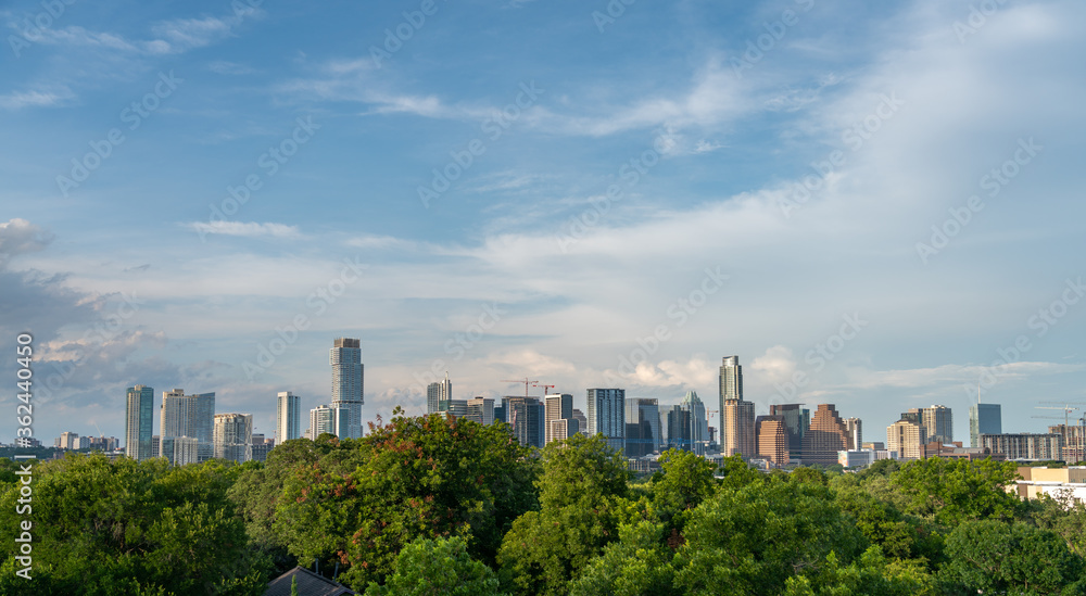 Aerial View of Downtown Austin Skyline During a Late Summer Evening in June