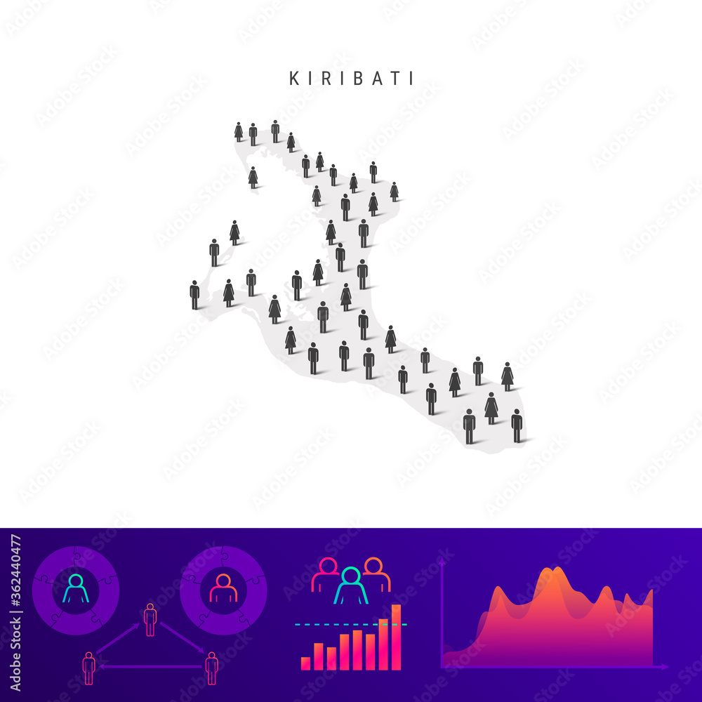 Kiribati people map. Detailed vector silhouette. Mixed crowd of men and women. Population infographic elements