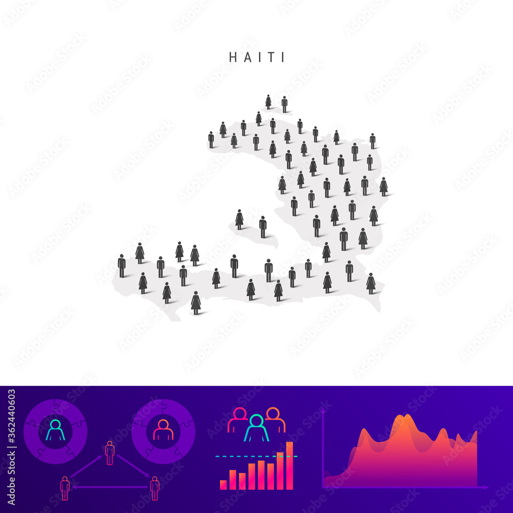 Haiti people map. Detailed vector silhouette. Mixed crowd of men and women. Population infographic elements