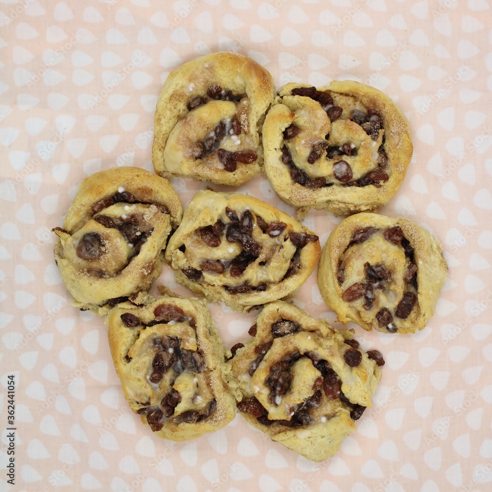 Home-made Chelsea Buns viewed from above