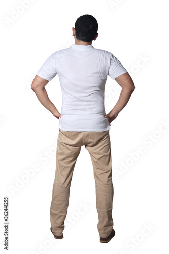 Rear View of a man. Male in casual white shirt and khaki jeans, back side. thinking gesture, Full length body portrait isolated on white