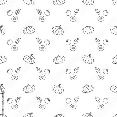 Marshmallows and blueberries. Seamless vector pattern. Black and white outline drawing. Print for notebook covers, packaging, wrapping paper.