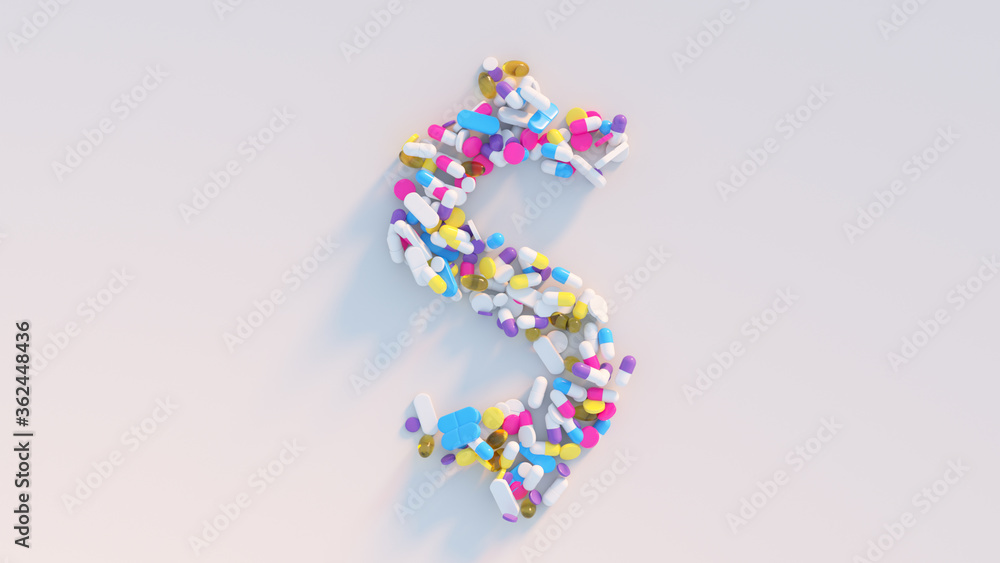 Dollar sign made of medical pills 3D render illustration Dollar sign made of medical pills 3D render illustration